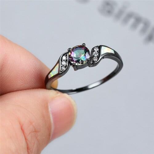 White Fire Opal Engagement Promise Ring Charm Female Small Rainbow Round Crystal Ring Vintage Black Gold Wedding Rings For Women