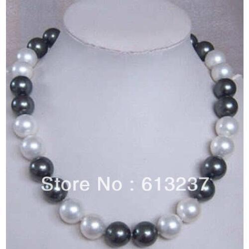 Wholesale price elegant women rope chains 12mm white black shell simulated-pearl round beads necklace jewelry 18inch MY5016