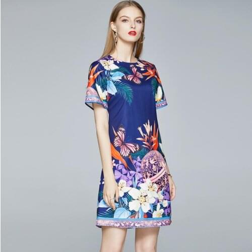 Womens spring summer short sleeve flower print dress female high waist vintage A-Line dress TB653