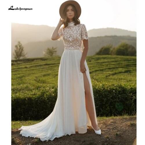 High Neck Lace Wedding Dress 2021 Sexy Beach Boho High Split A Line Lace Ivory Chiffon Bridal Gowns Vestido De Mariee