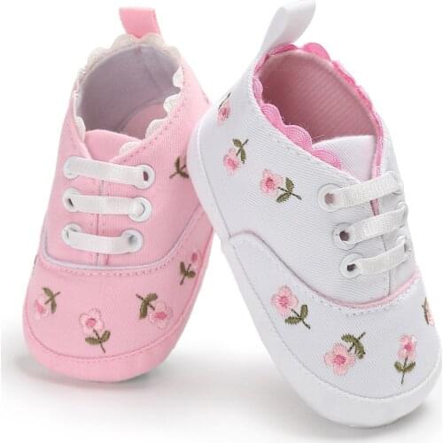 Baby Girl Shoes White Pink Lace Floral Embroidered Soft Shoes Newborn Crib Prewalker Walking Toddler Infant Shoes First Walker