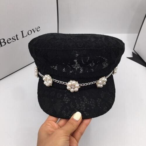 The spring and autumn period and the summer new lace vistor for women navy cap elegant pearl flower lady beret