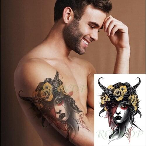 Waterproof Temporary Tattoo Sticker Cool Sexy Girl with Horn In Head Rose Flower Totem Fake Tatto Flash Tatoo for Men Women