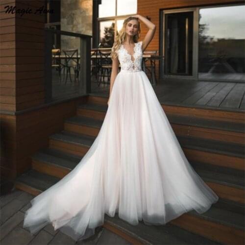 Magic Awn Light Pink Boho Wedding Dresses Lace Appliques Illusion Soft Tulle Beach Wedding Party Gowns Princess Vestidos Novia