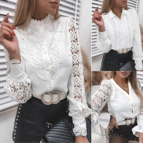 New Sexy Lace Solid Long Sleeve Blouse Shirt Women Summer V Neck Casual Fashion Button Elegant Cardigan T Shirt Lady OL Tops Tee