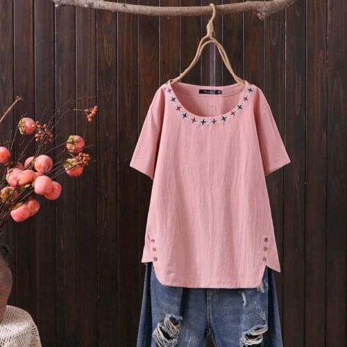 Plus size cotton Embroidery women summer t shirt 2021 ladies short sleeve O-Neck tee shirts femme pink green golden t-shirts