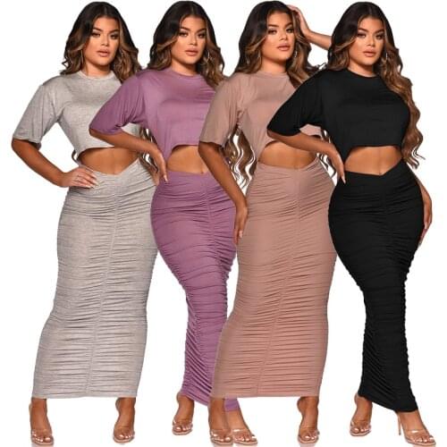 SKMY 2021 Ruched Solid Color Tracksuit Women Short Sleeve Crop Tops And Long Skirts Casual Clothes Sexy Two Piece Set