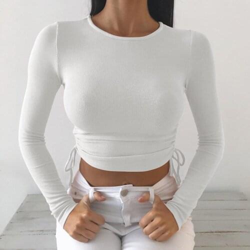 Womens Rib Knit Crop Top Sexy Drawstring Ruched Slim Fit Short Blouse Elegant College style Tees Skinny Clubwear Casual Outfits