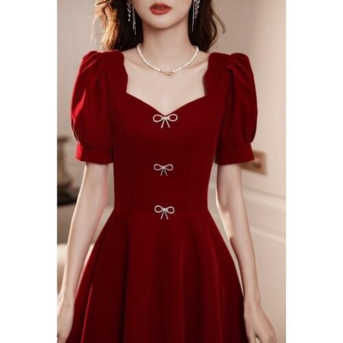 Burgundy French Dress Women Elegant Puff Sleeve Slim Party Dresses Bow Suede A Line Simple Birthday Prom Gowns Vestidos