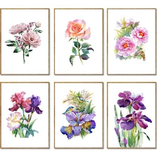5D Diamond Painting Flower Purple Plant Pink Rose Poster and Bird Diamond Embroidery Cross stitch kits Diamond Mosaic Home Decor
