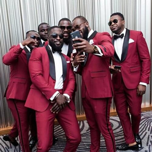 Burgundy Wedding Tuxedo for Groomsmen Dinner Party Black Shawl Lapel Slim Fit Men Suits African Male Fashion Jacket with Pants