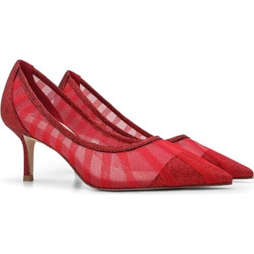 Size 33-42 Woman Fashion Sexy Shoes Ladies Mesh Spring Summer Sandals Classic Style Stiletto Pointed High Heels 2020 Red Silver