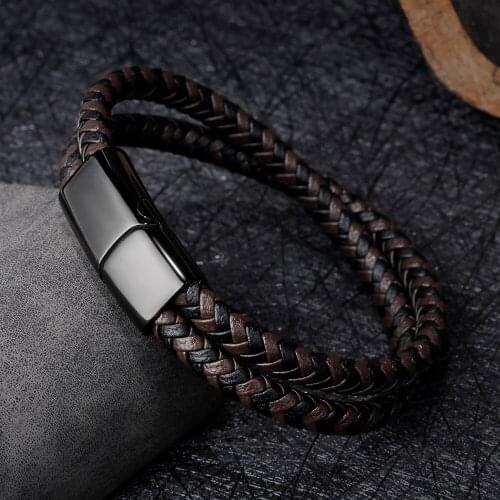 ZG Hand-woven Double Layer Leather Mens Bracelet with Stainless Steel Magnetic Buckle Accessories Jewelry wholesale