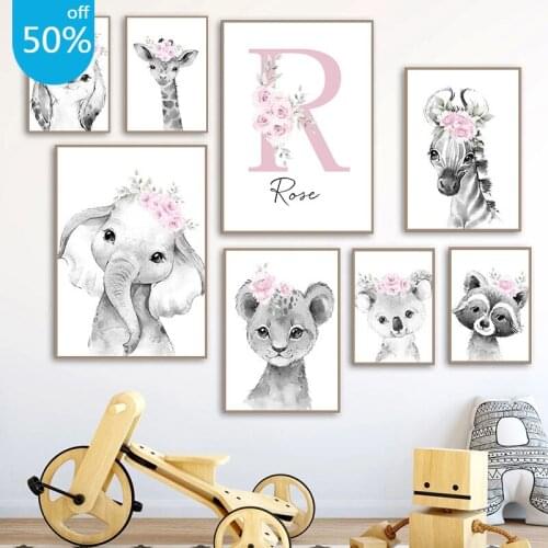 Custom Baby Name Nursery Poster Canvas Painting Personalized Print Pink Flower Animals Wall Art Pictures for Girls Bedroom Decor