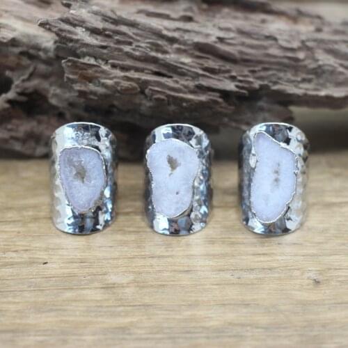 Natural White Quartz Geode Ring Healing Crystal Agates Druzy Drusy Stone Silvery Adjustable Ring Fashion Women Jewelry,QC4065