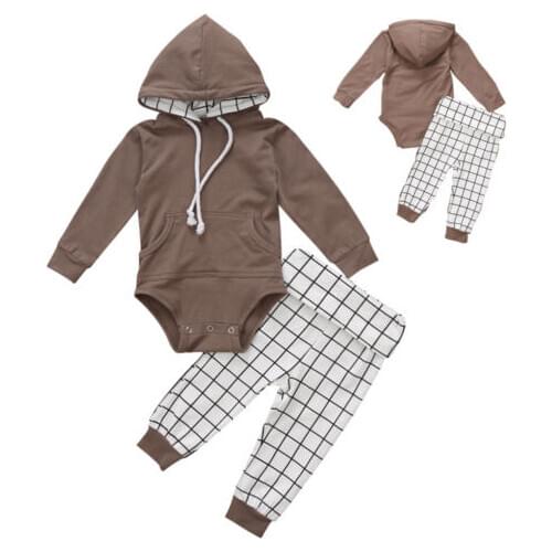 2PCS Baby Set Newborn Infant Baby Boy Hooded Romper Tops+Plaid Long Pants Outfits Clothes Summer Spring Clothing Set