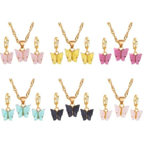 3pcs Fashion Acrylic Butterfly Necklace Hook Earrings Pendant Women Sweet Charming Jewelry Wedding Holiday Gift Set