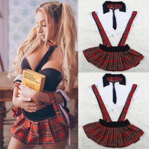 Sexy Women Ladies Naughty High School Girl Plaid Strapless Short Sleeve Crop Tops+Straps Fancy Skirt 2pcs Costume Outfit Cosplay