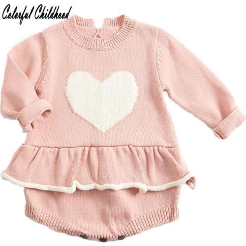 Cute heart design long sleeve infant kids oversll cotton knitting romper baby boy/girls clothing set toddler clothing 0-24m