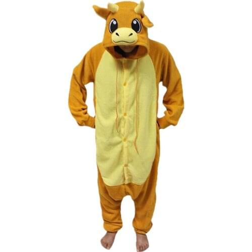 Cartoon Anime Cute Smile Yellow Bull Bullfight Onesie Halloween Cosplay Animals Cow Adult Women Mens Pajamas Sleepwear Jumpsuit