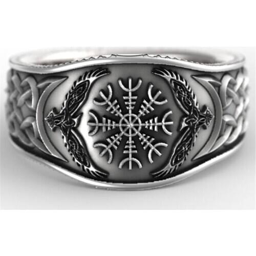 Male Vintage Fashion Black Eagle Pattern Rings For Men Antique Silver Color Jewelry Norse Mythology Viking Warrior Compass Ring