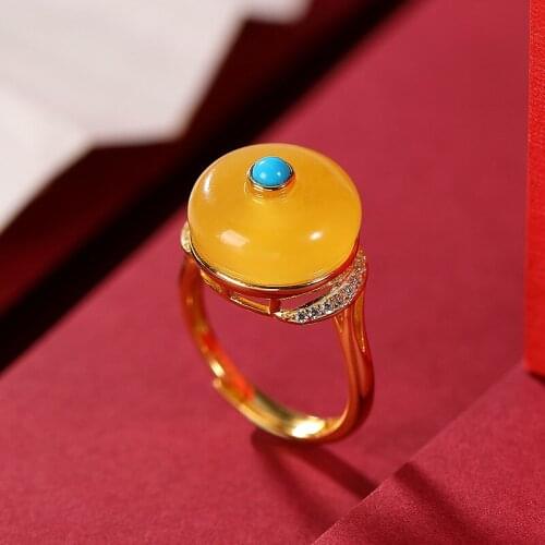 Natural 925 sterling silver gilt inlaid 14mm amber turquoise safe buckle amber rings resizable women rings