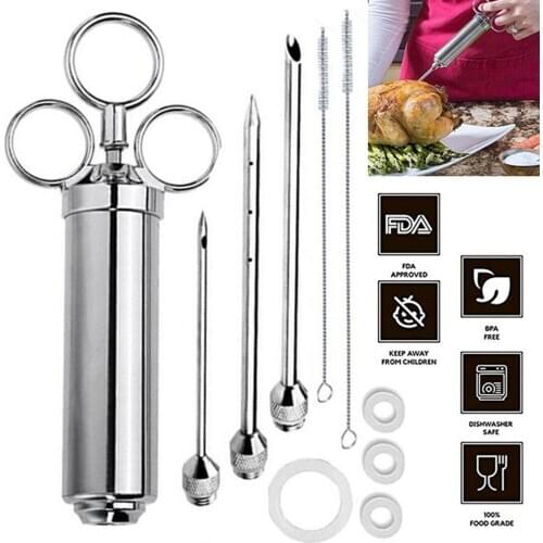 Stainless Steel Seasoning Syringe Needle Barbecue Tool With 3 Different Needles And 2 Brushes Meat & Poultry Tools