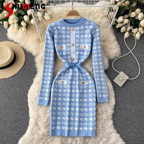 2021 Autumn New Ladies Hepburn Plaid Contrast Color Slim Waist Knitted Dress Womens Fashion Slim Fit Retro Pullover Mini Dress
