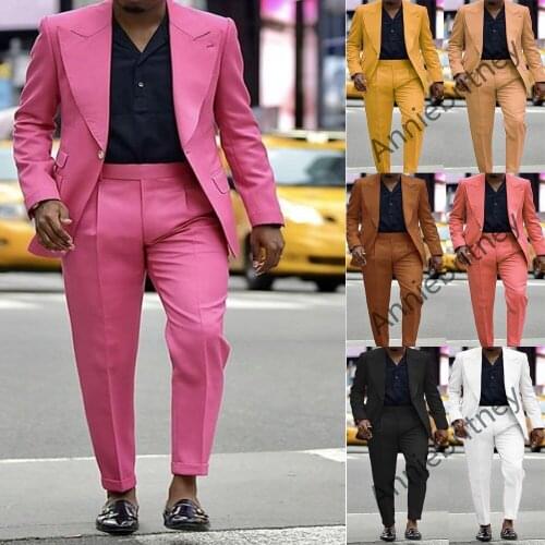 Jacket+Pants) Single Breasted Hot Pink 2 Piece Groom Tuexdos For Wedding Formal Prom Suit Party Evening Blazer Custom Made