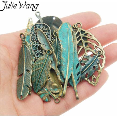 Julie Wang 14pcs Leaves Feather Charms Alloy Antique Bronze Random Mixed Pendants Necklace Findings Jewelry Making Accessories