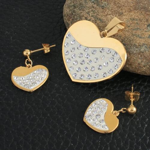 Fashion Heart Stainless steel Pendant Earrings sets Gold Color Plated For Women And Girl SRYZ065