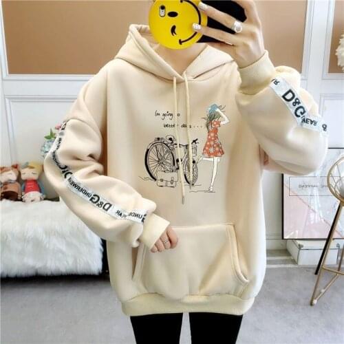 Winter Wear Plus Velvet Padded Sweatshirt Womens Hooded Loose Plus Size Student Jacket Top