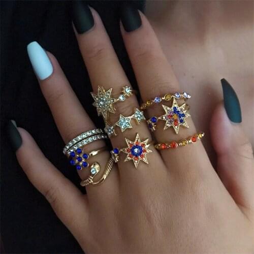 10 Pcs/Set Fashion Beach Rings Set Women Retro Star Snake Flower Open Gold Color Joint Ring Ladies Charm Jewelry Gift