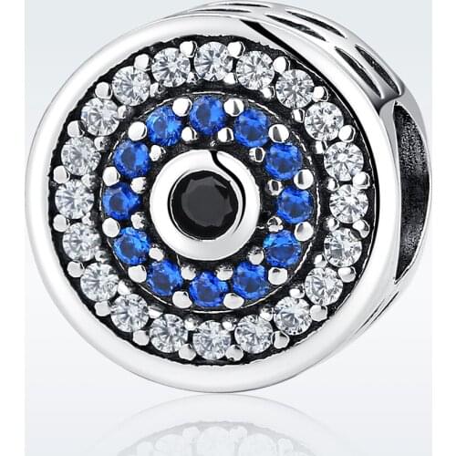 100% S925 Sterling Silver Fashion Blue Zircon Evil Eye Charm Beads Pendants fit Pandora DIY Bracelet Pulseras Necklace