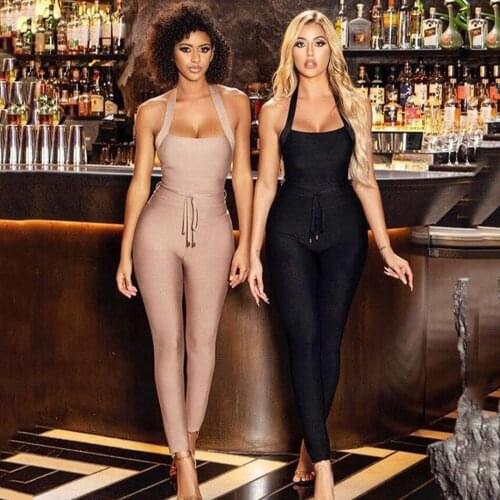 2021 Summer Rayon Bandage Jumpsuit Womens Sexy Halter Neck Sleeveless Halter Bodycon Jumpsuit Club Celebrity Party Jumpsuits