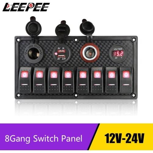 8 Gang Switch Panel 12V/24V Car Marine RV Circuit LED Breaker Multifunction Digital Voltmeter Dual USB Cigarette Lighter Socket