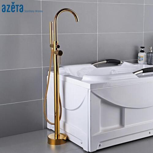 Azeta Bathtub Faucet Golden Floor Standing Bathtub Mixer Tap Single Handle Bathroom Floor Mounted Bathtub Shower Tap Set MK6611G