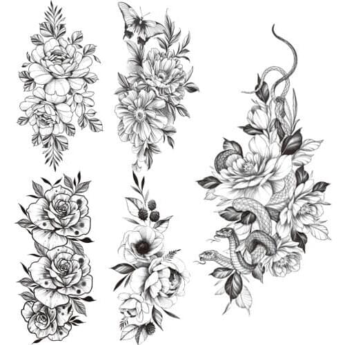 Large Snake Flower Temporary Tattoos For Women Unique Daisy Plum Bloosom Tattoo Sticker Beauty Black Peony Tatoo Sheets Painting