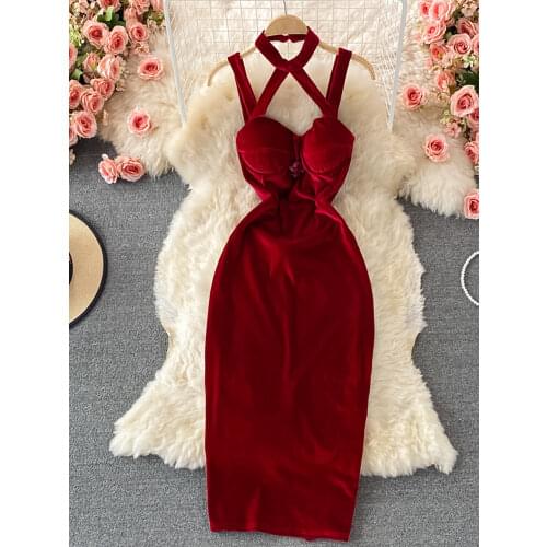 Black/Red Velvet Party Spaghetti Strap Bodycon Dress For Women Autumn Winter Halter Sleeveless Hollow Out Party Vestidos 2021