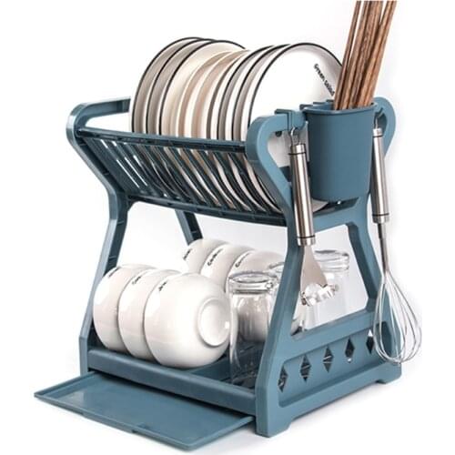 Double-layer Kitchen Dish Bowl Draining Storage Rack Basket with Chopstick Cage