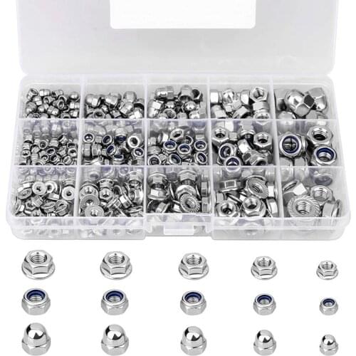 JFBL Hot 385Pcs Lock Nut Assortment Hex Flange Nuts M3 M4 M5 M6 M8 Stainless Steel Insert Nylon Locknut Metric Fastners Assorted