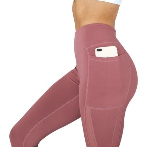 High Waist Breathable Sweat Releasing Women Leggings With Side Pockets Mesh Splicing Fitness Pants Running Wear Gym Clothing