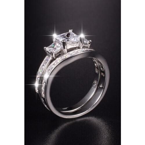 Fashion Women Square Three-stone Simulated Diamond Zircon Ring Sets 10KT white gold Plated Engagement Wedding Band Jewelry