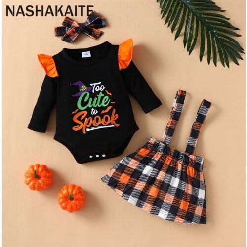 NASHAKAITE 2021 My First Halloween Outfits Baby Romper And Plaid Suspender Skirt For Baby Girl Clothing Set kids clothes girls