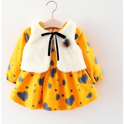 Autumn Winter Girls Fashion Thicken Love Heart Print Long Sleeve Dress and Warm White Plush Vests 2PCS Set Kids Clothes