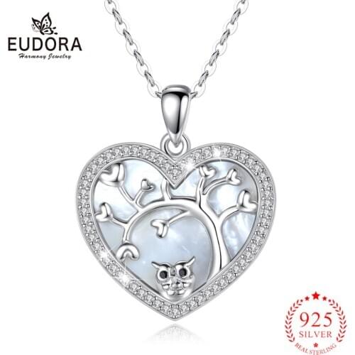 Eudora 925 Sterling Silver tree owl heart Necklace mother of pearl Pendant with Crystal Statement white Necklace for Women D15