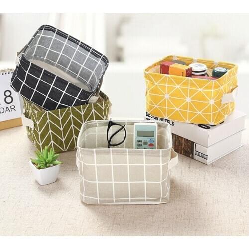 PCotton Linen Desktop Storage Basket Sundries Storage Box with Handle Linen Desk Makeup Organizer 20x16x13cm