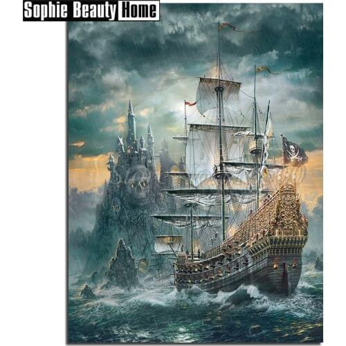 Full 5D DIY Diamond Painting Cross Stitch Pirate Ship and Skull Diamond Embroidery Pattern Diamond Mosaic Needlework Gift 194045