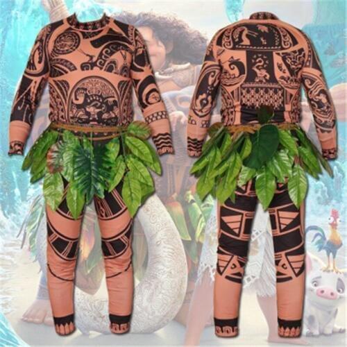 Drop Shipping Movie Moana Maui Cosplay Costume Full Sets Halloween Party men Fancy BodySuit Tights Sweatshirt+ Pants +Leaves