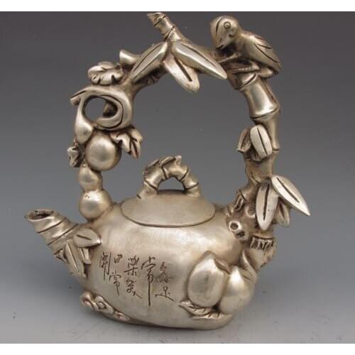 Silver Bronze Handmade Carved Bamboo Teapots & Lid w Qing Dynasty Mark , tools wedding Decoration Brass
